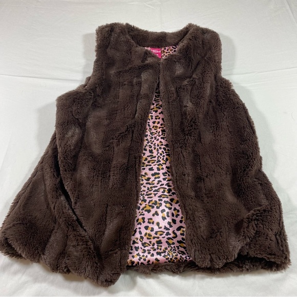 Forever Orchid Faux Fur Vest Dark Brown Girls Vest Velvet Pink Leopard Lining - Picture 1 of 10